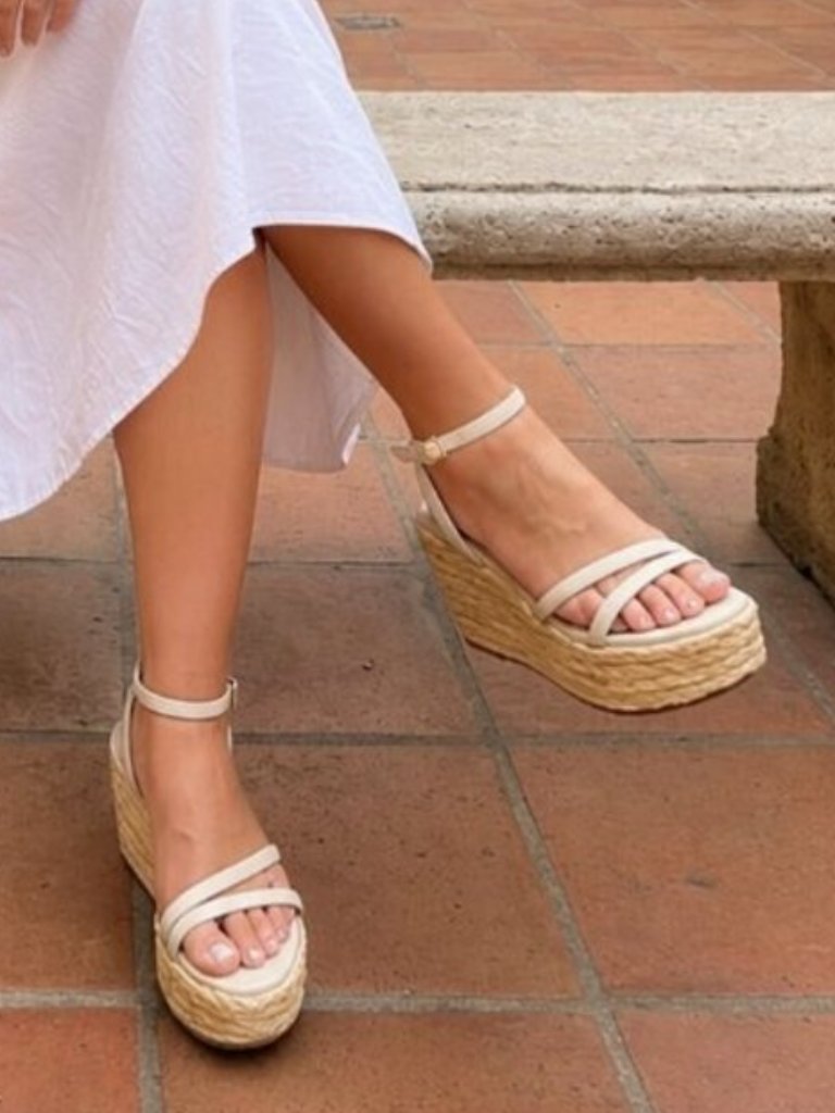 Display Kaanas White Ankle Strap Espadrille Platform Wedge Sandals